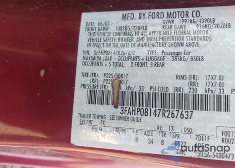 2007 Ford Fusion Sel из США, поврежденный, VIN 3FAHP08147R267637